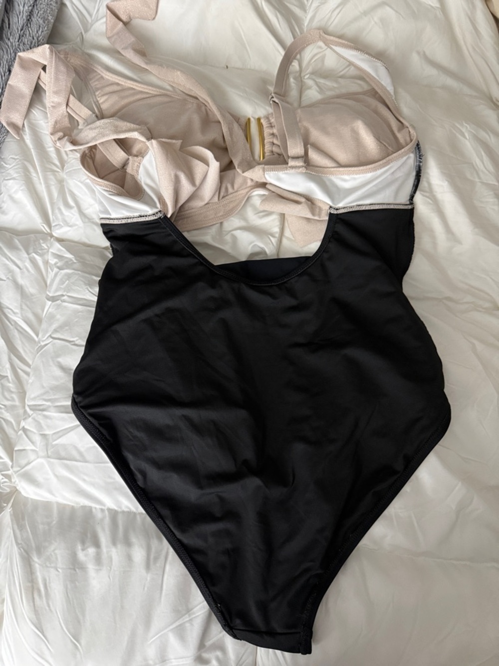 Two-Tone Ruffle One-Piece Swimsuit in Beige and Black - Picture 8 of 10